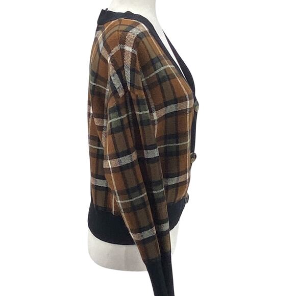Marled Medium Plaid Button Cardigan Brown Black V-Neck Long Sleeve Soft Stretch - Picture 4 of 13